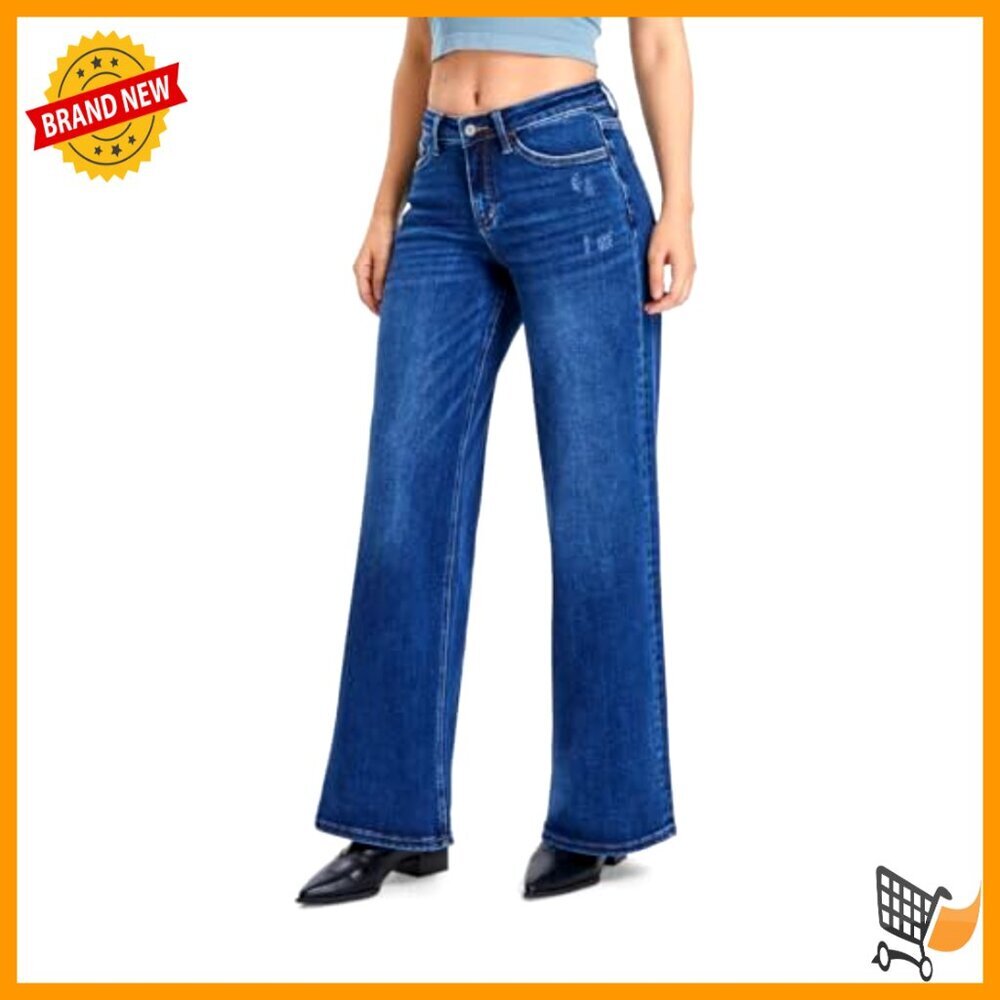 Wide Leg Baggy Jeans Mid Low Rise Stretchy Denim Women's Pants - Picture 2 of 7